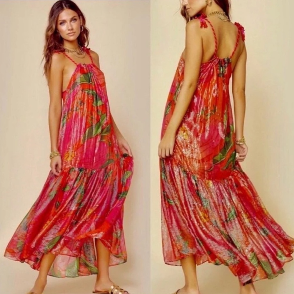 Boho Floral Maxi Dress - Red Pink Print